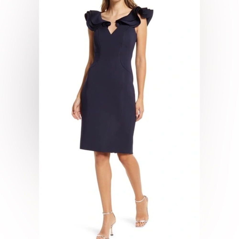 New Eliza J SZ 2  Short Cap Sleeve Scuba Dress with Ruffle Details